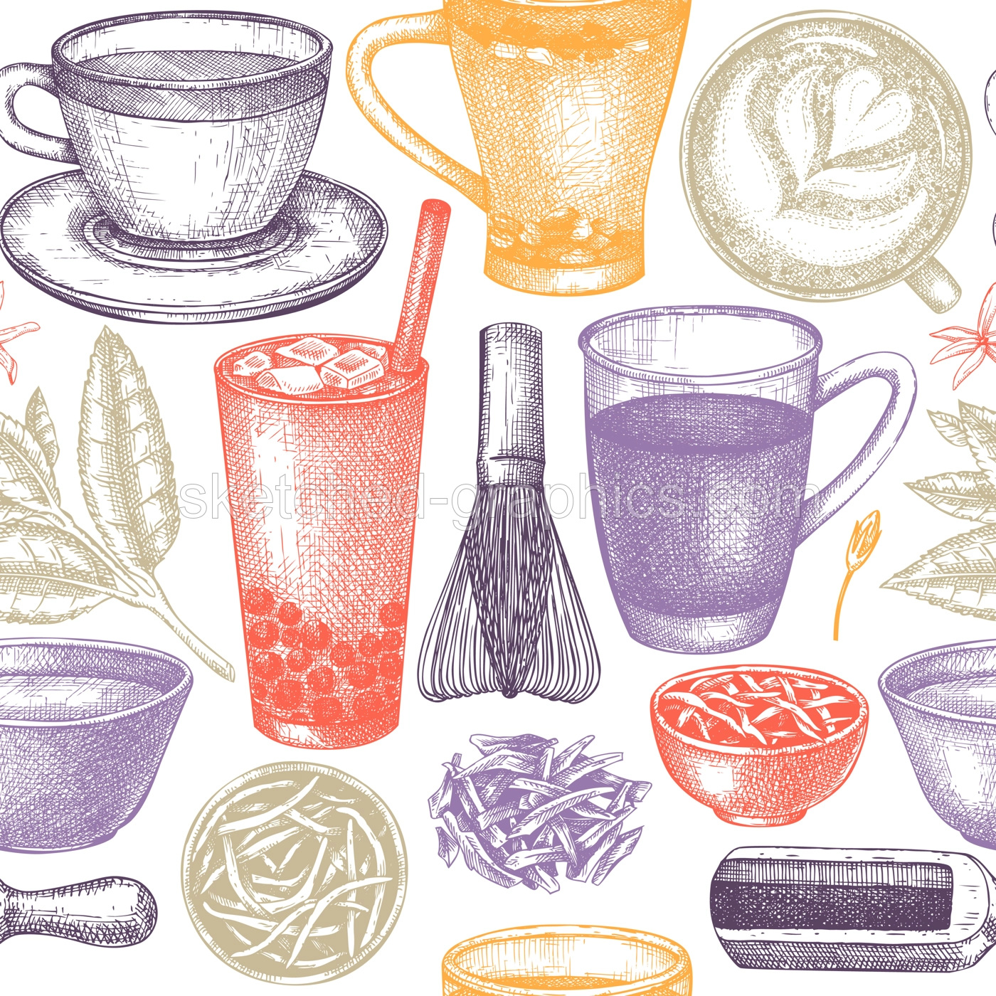 Hand-sketched tea drinks and ingredients seamless pattern. Vector backdrop with hot beverage cups, dried leaves, jasmine blossoms sketches. Popular tea background for cafe or restaurant menu design Illustration